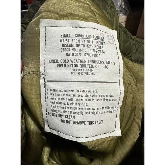 NWOT USGI Military Field Pant Liner Cold Weather Trousers Quilted Small Reg 1983 - Picture 4 of 4